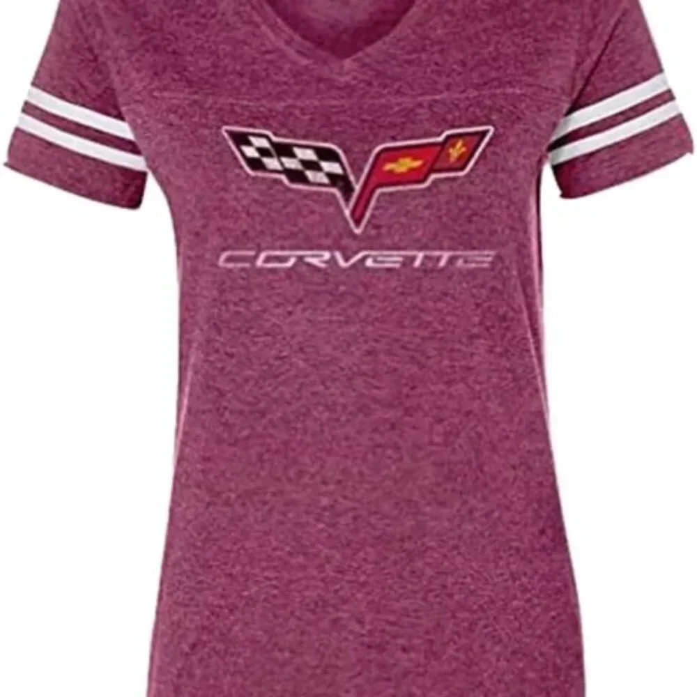 Joe Blow's T's Chevrolet Corvette Logo Striped Sleeve Women's V-Neck - Picture 2 of 3